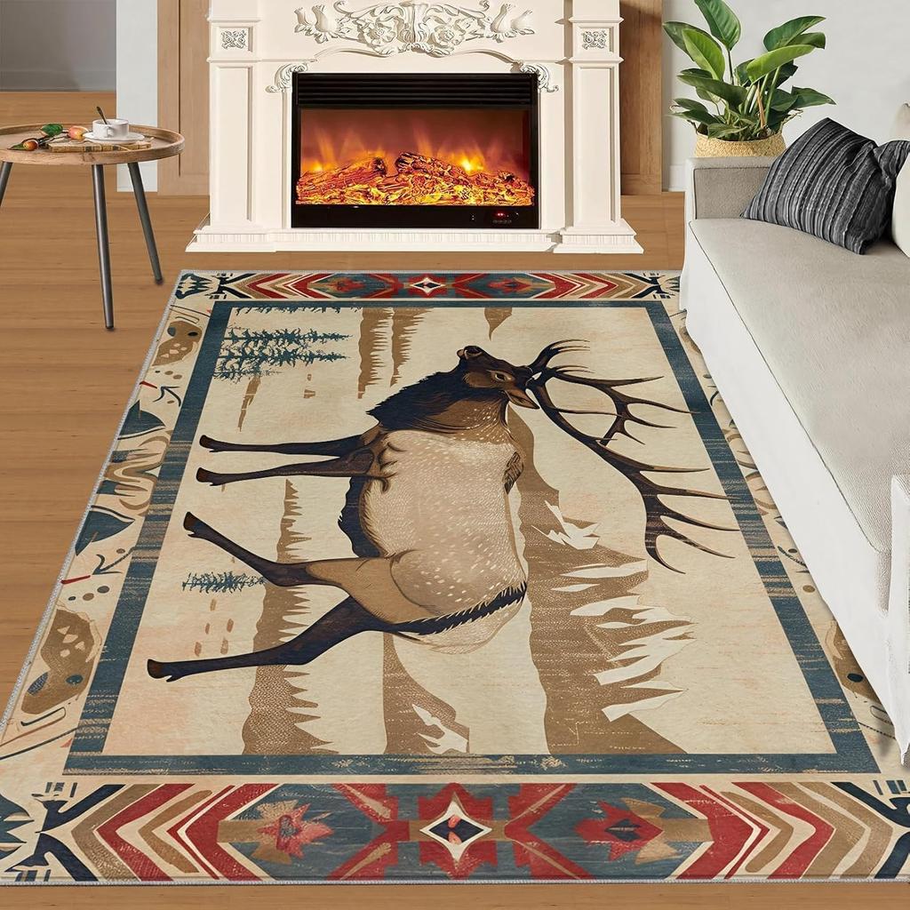 Vintage Moose Pattern Living Room Carpet Deer Pine Tree Design Rug Soft Non-Slip Mat Ethnic Style Home Decor Animal Print Rug