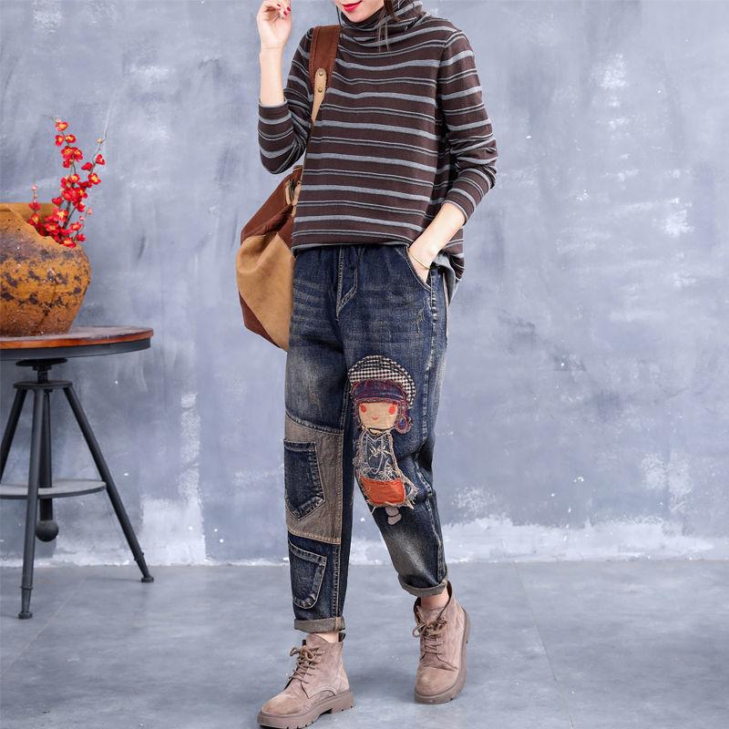 GMXIA Dame Løse, Høst, Løstsittende, Casual, Større størrelse, Retro, Påsydd, Broderte og Patinerte Haremsbukser