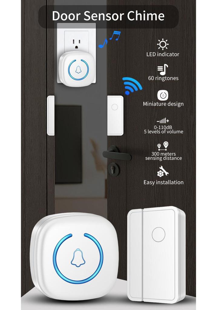 LED Wireless Door Alarm & Doorbell Sensor for Home, Office & Business