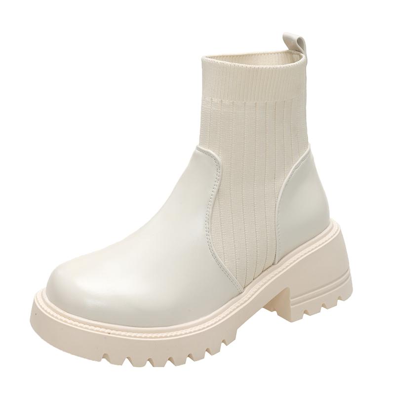 fashion Rimocy Women's Fashion Platform Ankle Boots Autumn Winter Chunky Heels Knitting Short Boots Woman Slip On PU Leather Botas Mujer
