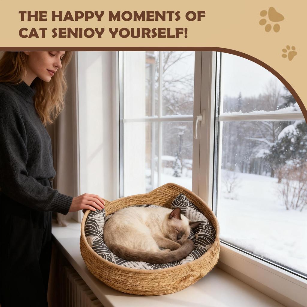 Cat Basket Bed Woven Washable Pet Supplies With Cushion And Pillow Cat Desk Bed For Indoor Outdoor Winter Travel Car Camping