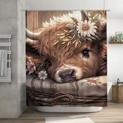 Niedliche Hochlandkuh mit Blumen Wasserdichter Duschvorhang Hitzebeständig Maschinenwaschbar Nicht-Transparent 180x180cm