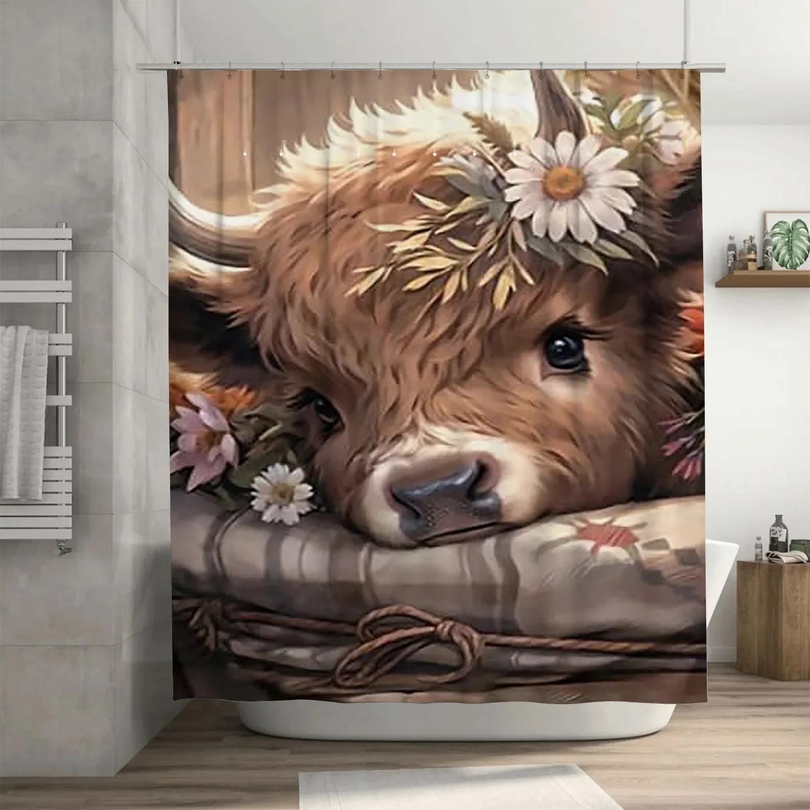 

Cute Highland Cow with Flowers Waterproof Shower Curtain Heat Resistant Machine Washable Non-Transparent 180x180cm W90xH180cm