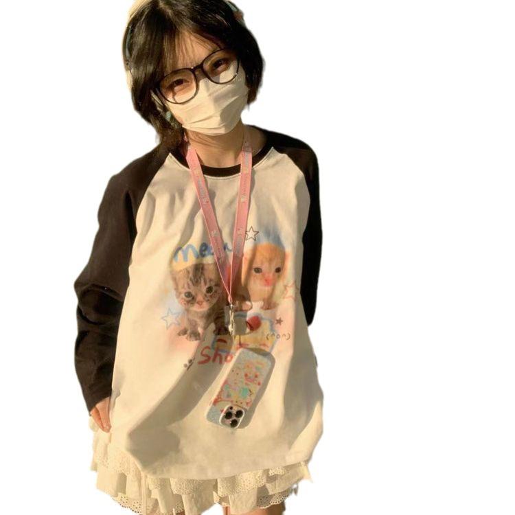 Retro- Women's Top With Unique Design, Color-blocked Loose Long-sleeved Base Layer With Raglan Sleeves