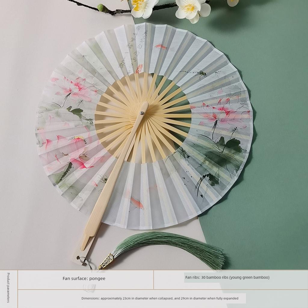 Folding Hand Fan, Portable Windmill Fan, Rotating Round Fan, Traditional Dance Fan, Hanfu Cheongsam Show, Summer Cooling Fan