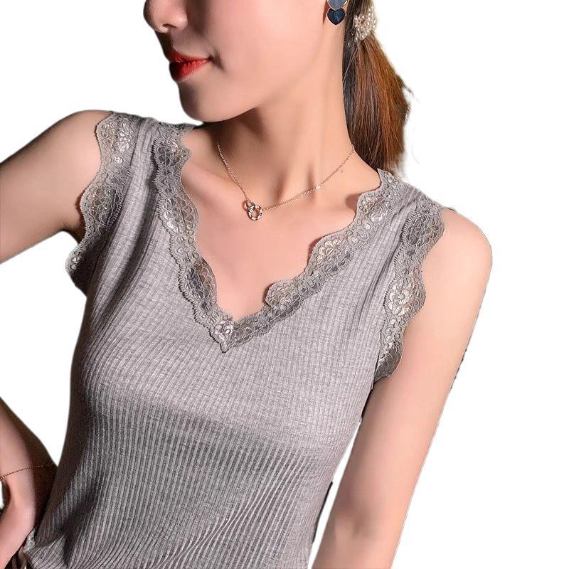 Plus Size V-neck Knit Lace Camisole - Sleeveless Pure Color Base Layer for Women