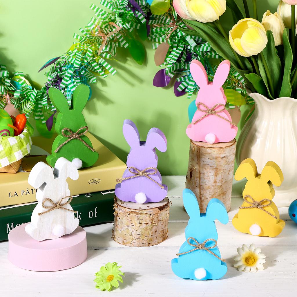 6 Pcs Easter Bunny Decor Easter Decorations Bunny Decor Spring Bunny Wood Tabletop With Hemp Rope Rustic Rabbits Wooden Tiered T