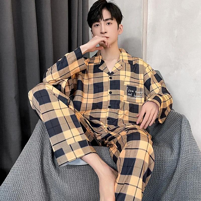 Plaid Style Men's Pajamas Set Spring Cotton Male Pajamas Sets Young Boy Sleepwear Long Sleep Tops + Pant 2pcs/set Pjs