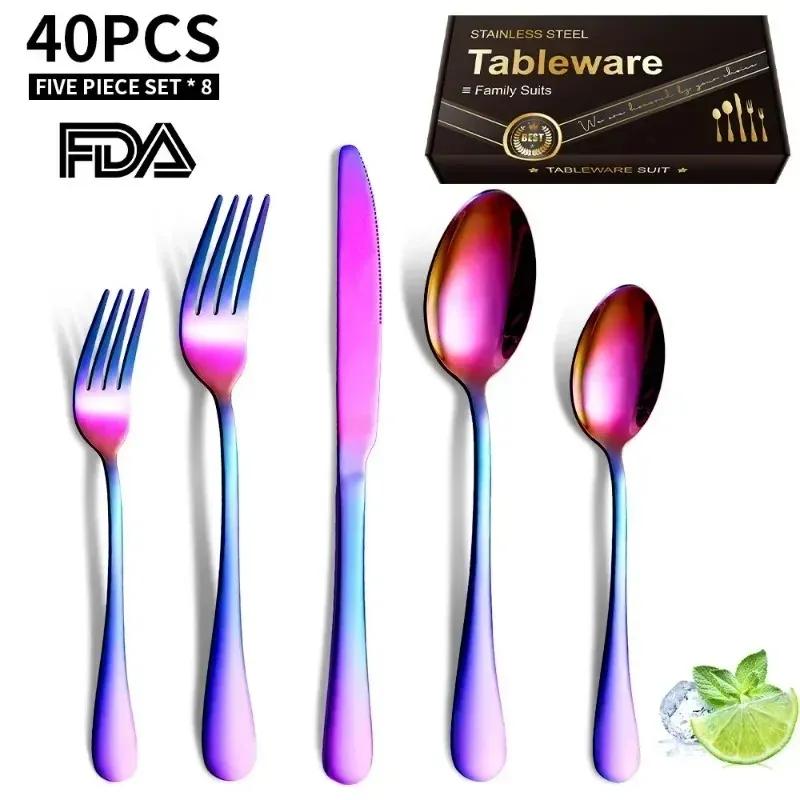304 Stainless Steel Dinnerware Dinner Knife Fork Spoon Cake Fork Ice Tableware Spoon Mirror Tableware Set Kitchen NEW