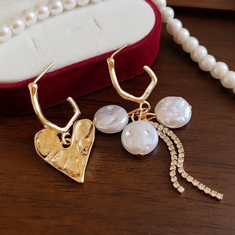 Silver needle pearl diamond-set love fringed earrings retro niche design earrings fashion high-end earrings