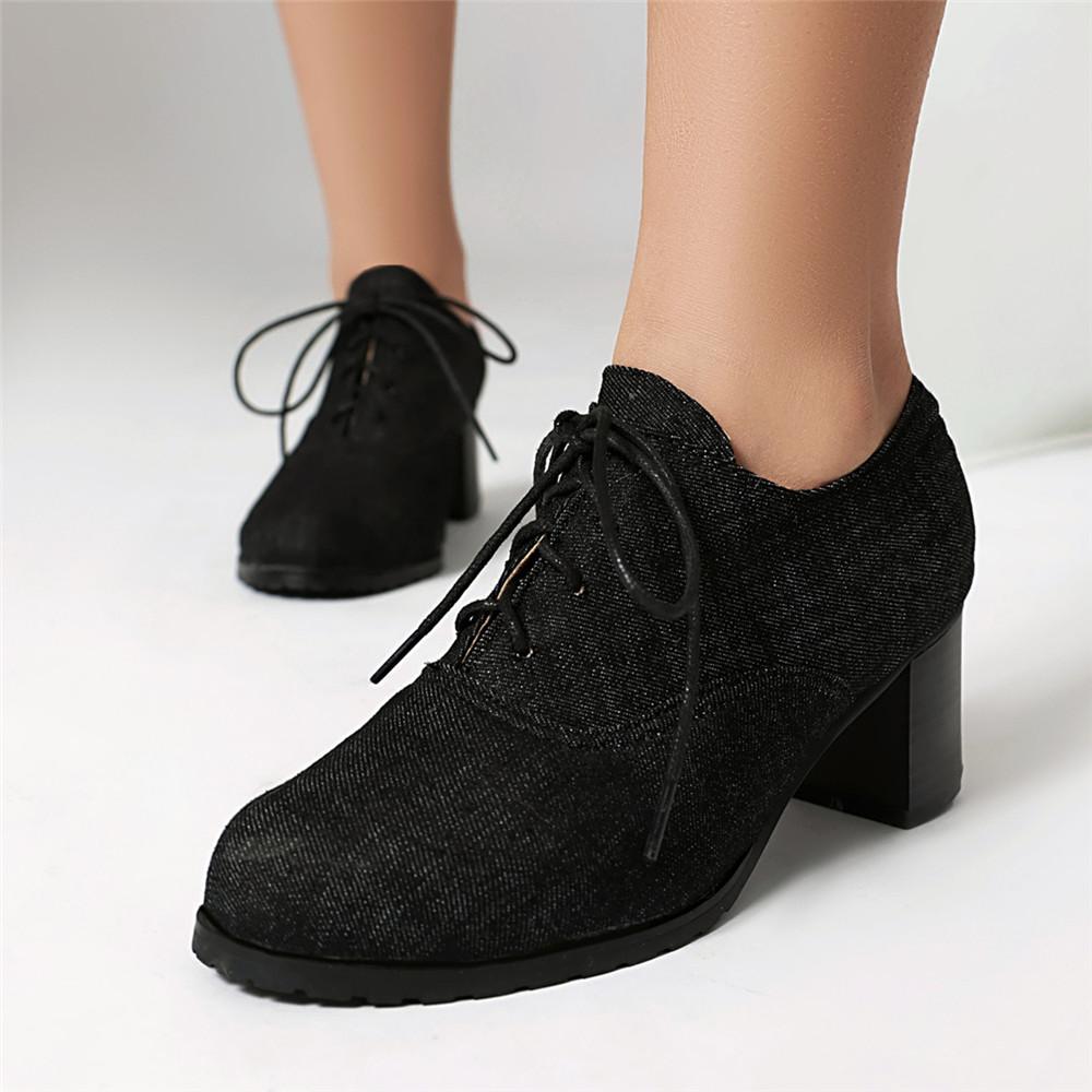 Móda Vintage Denim Dámské Šněrovací Lodičky Čtvercový Podpatek Kulatá Špička Vysoké Podpatky Britský Styl Oxfordky Podzim Nízký Svršek Studentské Boty Modré Kozačky