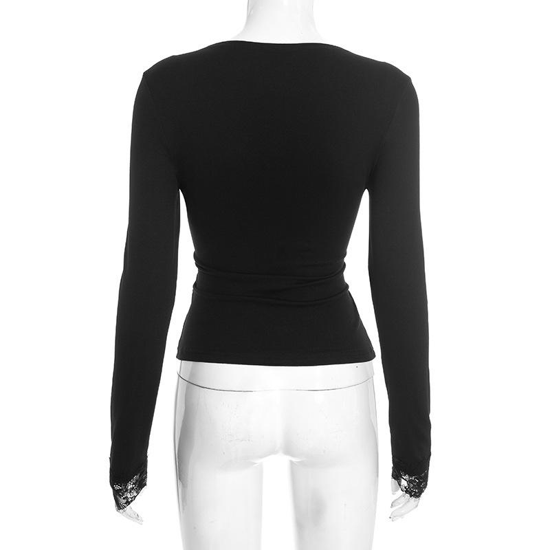 Europäisches und Amerikanisches Damen V-Ausschnitt Spitzenbesatz Patchwork Cropped Top Y25TP428