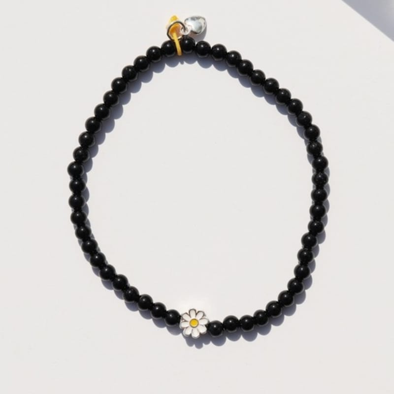 BONBEAU MY Daisy Charm Onyx Bracelet 925 Silver Daisy Charm Black Onyx Bracelet