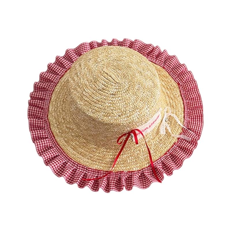 Kids Outdoor Fisherman Hat Trendy Checkered Wide Brimmed Sun Hat Adjustable Size Lovely Bowknot Accent for Summer