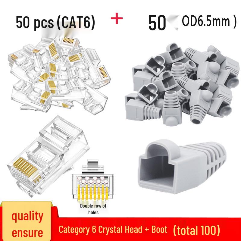 RJ45 Boot 50-Piece Set: Gold-Plated CAT6 Crystal Head & Network Cable Rubber Boots - 100 Pieces Total