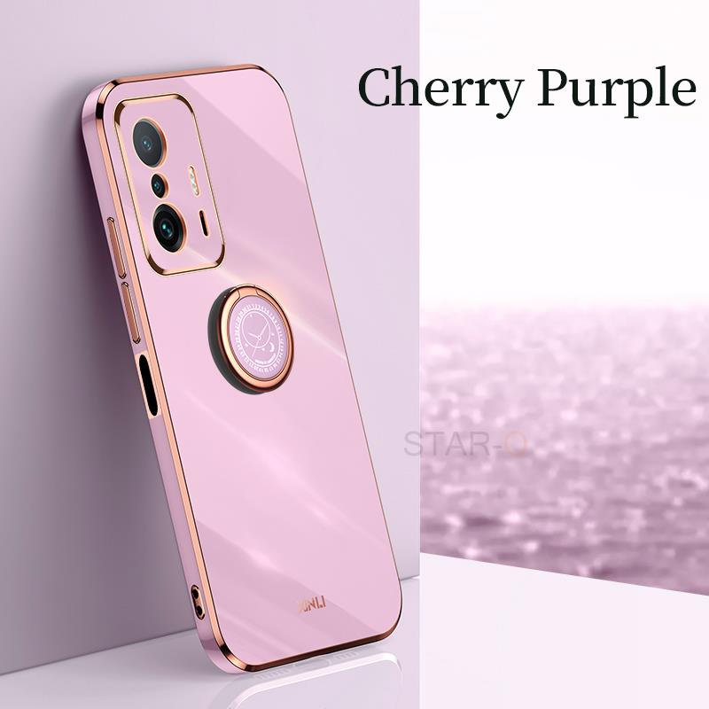 Lyxig Plätering Fyrkantig Stötfångare Ringhållare Telefonfodral För Xiaomi Mi 11t Pro 11 T Silikon Ställskydd På Xiomi Mi11 Mi11t 11tpro