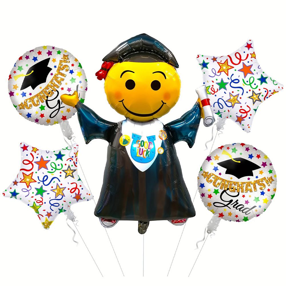 5-Piece Set of Aluminum Foil Balloons for Graduation Season, Including Graduation Doctorate Balloons, Round Balloons, Five-Pointed Star Other