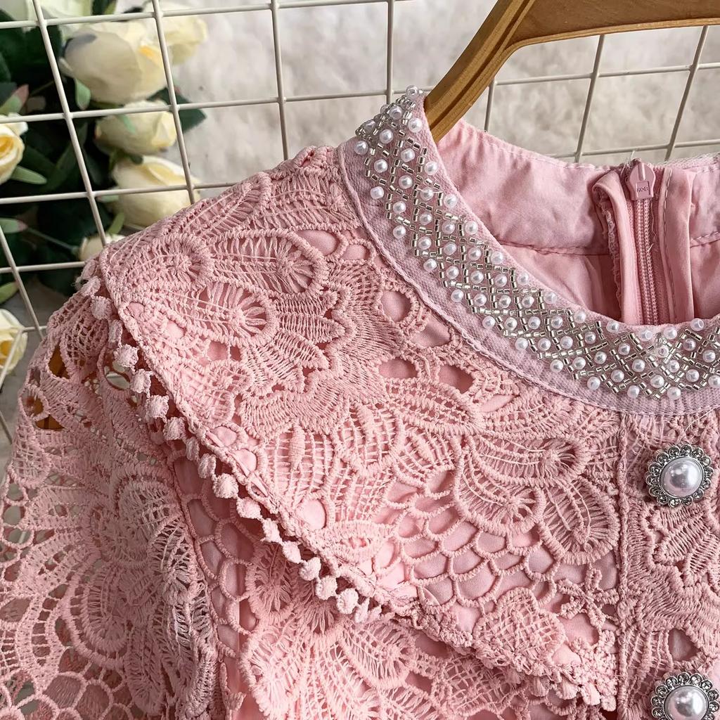Elegant Pearl Chain Diamon Luxury Embroidery Lace Prom Evening Dresses Women Summer Short Sleeve Hollow Out Midi Long Dress