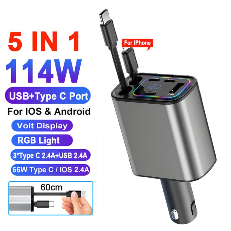 

4 in 1 Retractable Car Charger 120W with USB C Lightning CableRoof Starlight PD30WFast Charging for IPhone Samsung Phones