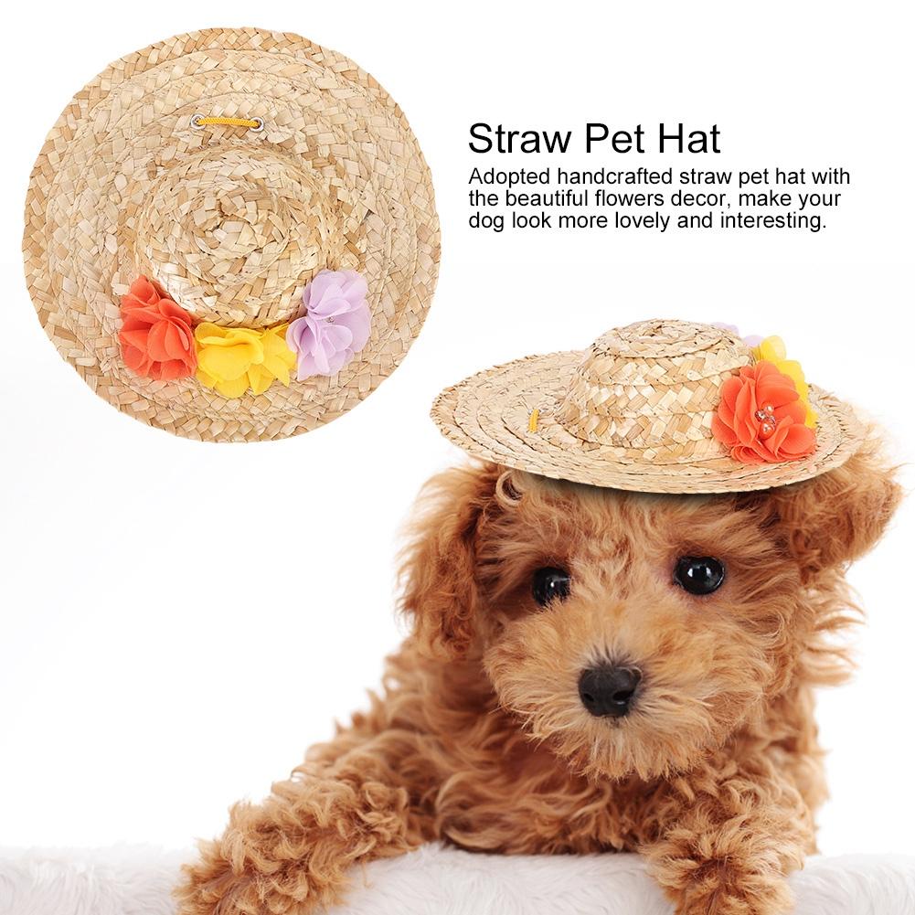 Pet Straw Hat Puppy Cap with Colorful Flowers for Party Costume Decorations(M)