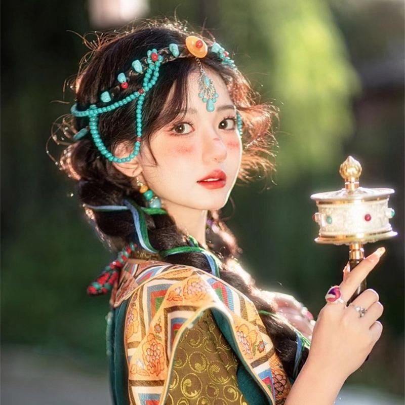 Ethnic Style Headband with Turquoise Forehead Chain Decors Exotic Hair Hoop Women Wedding Party Taking Photo Headband