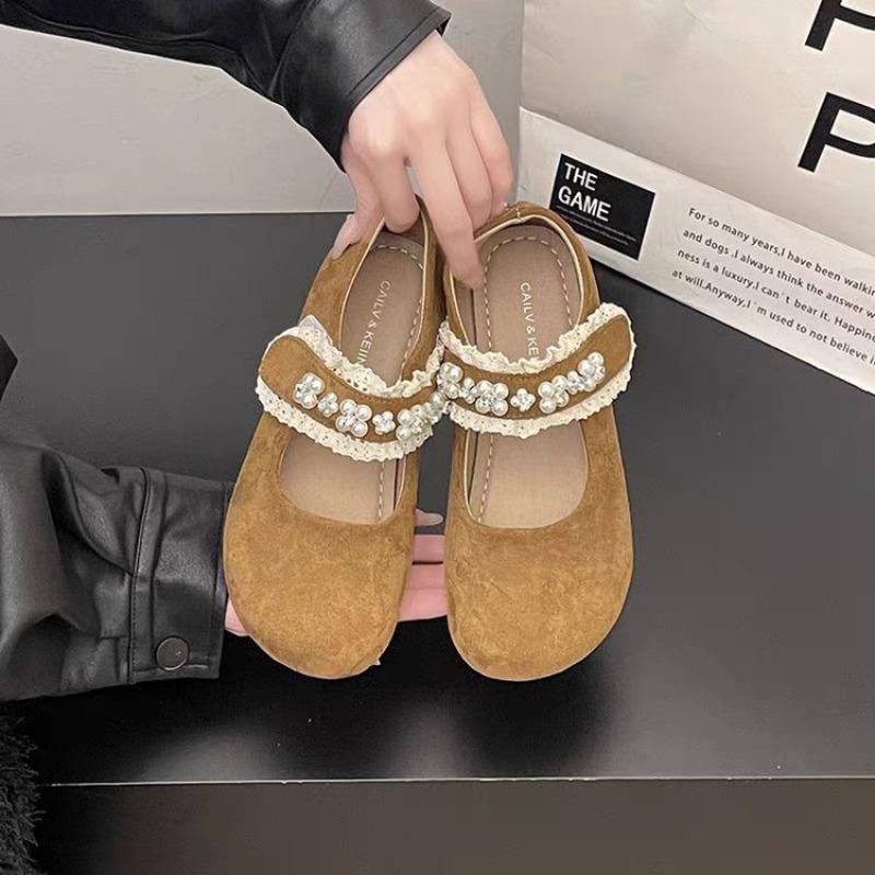 

Velcro flat Mary Jane single shoes women s autumn new pearl shallow mouth with skirt versatile beanie shoes 40 верблюд