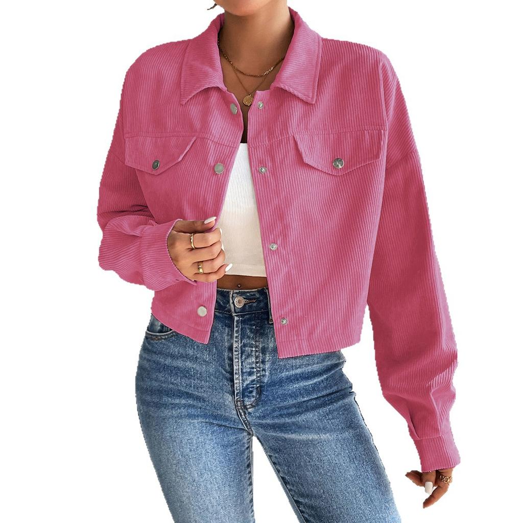 2024 Autumn and Winter Cross-border Amazon Europe, America, Temperament Slim-fitting Short Zipper Cardigan Polo Neck Corduroy Jacket