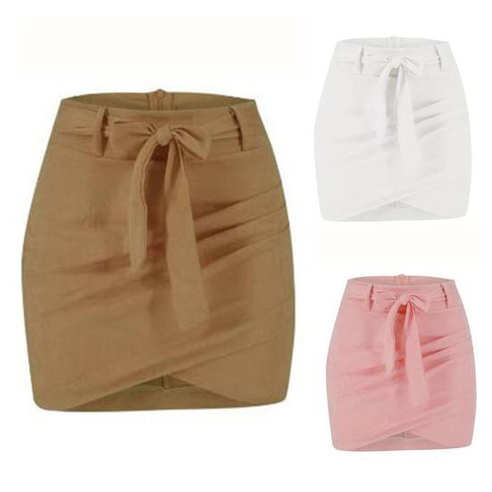 Women Solid Color Slim High Waist Bandage Belt Asymmetric Bodycon Mini Skirt