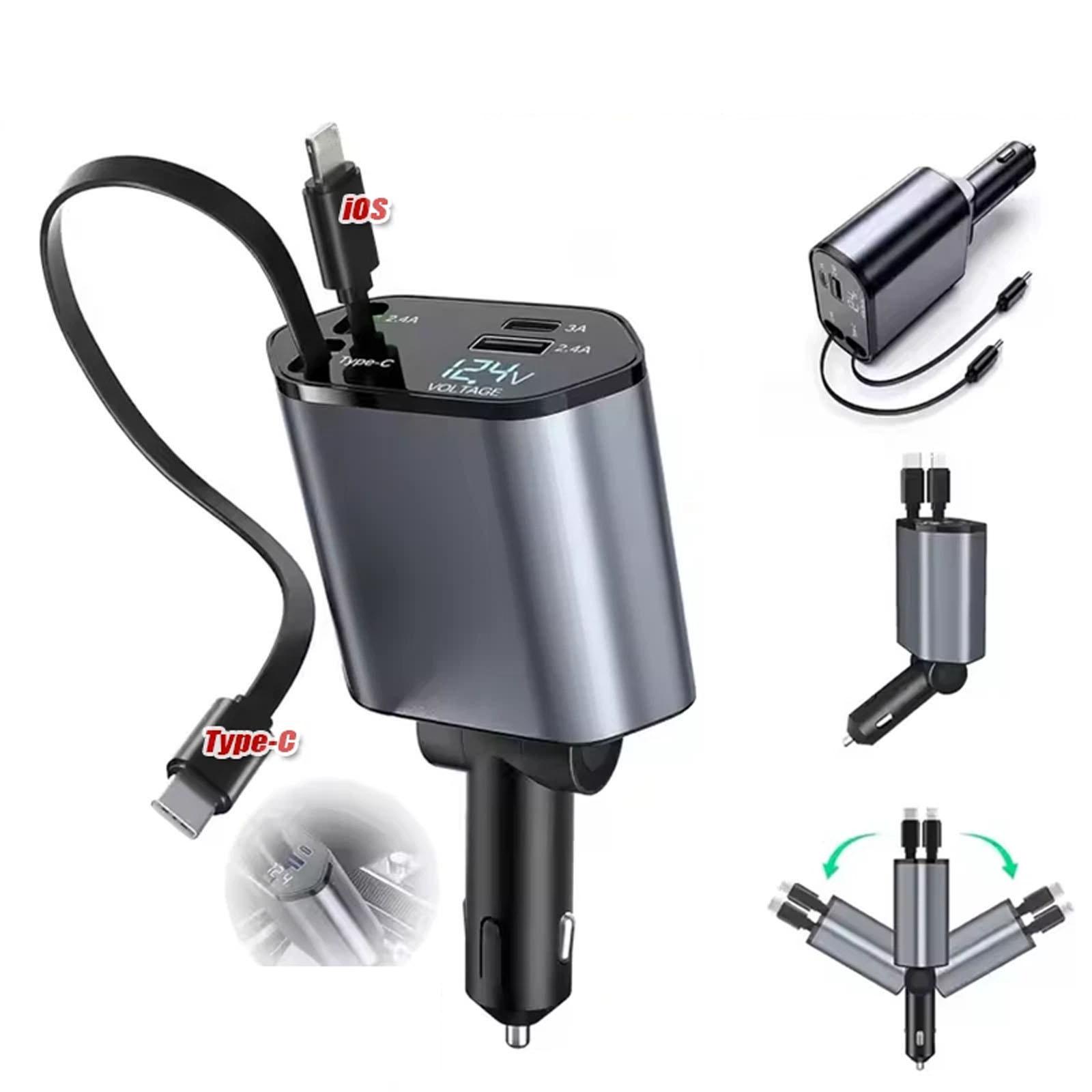 

Сверхбыстрая зарядка 120 Вт Автомобильное зарядное устройство 4-в-1 с выдвижным кабелем One Size