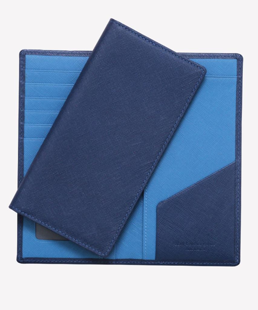 Matt Saffiano Cowhide Slim Combination Long Wallet Steel Blue + Royal Blue