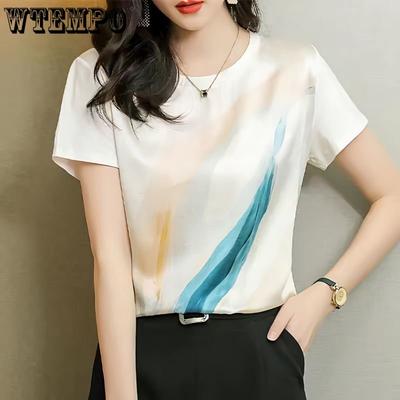 Simulation Silk Short-sleeved T-shirt Female Printed Round Neck T-shirt Korean Version Loose and Thin Tops