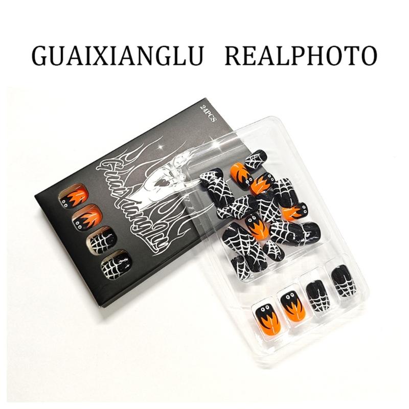 Halloween Black Cobweb Faux Nail Short Square Manicure Tips Sparkling Press On Nail 24pcs Not Require Adhesive
