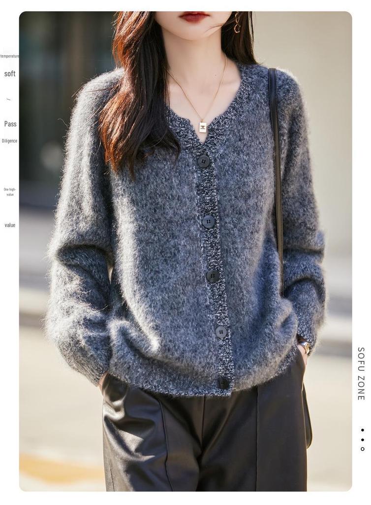 Women's Wool Blend Heathered Cardigan - Retro, Loose Fit, Versatile Outerwear for Autumn/Winter