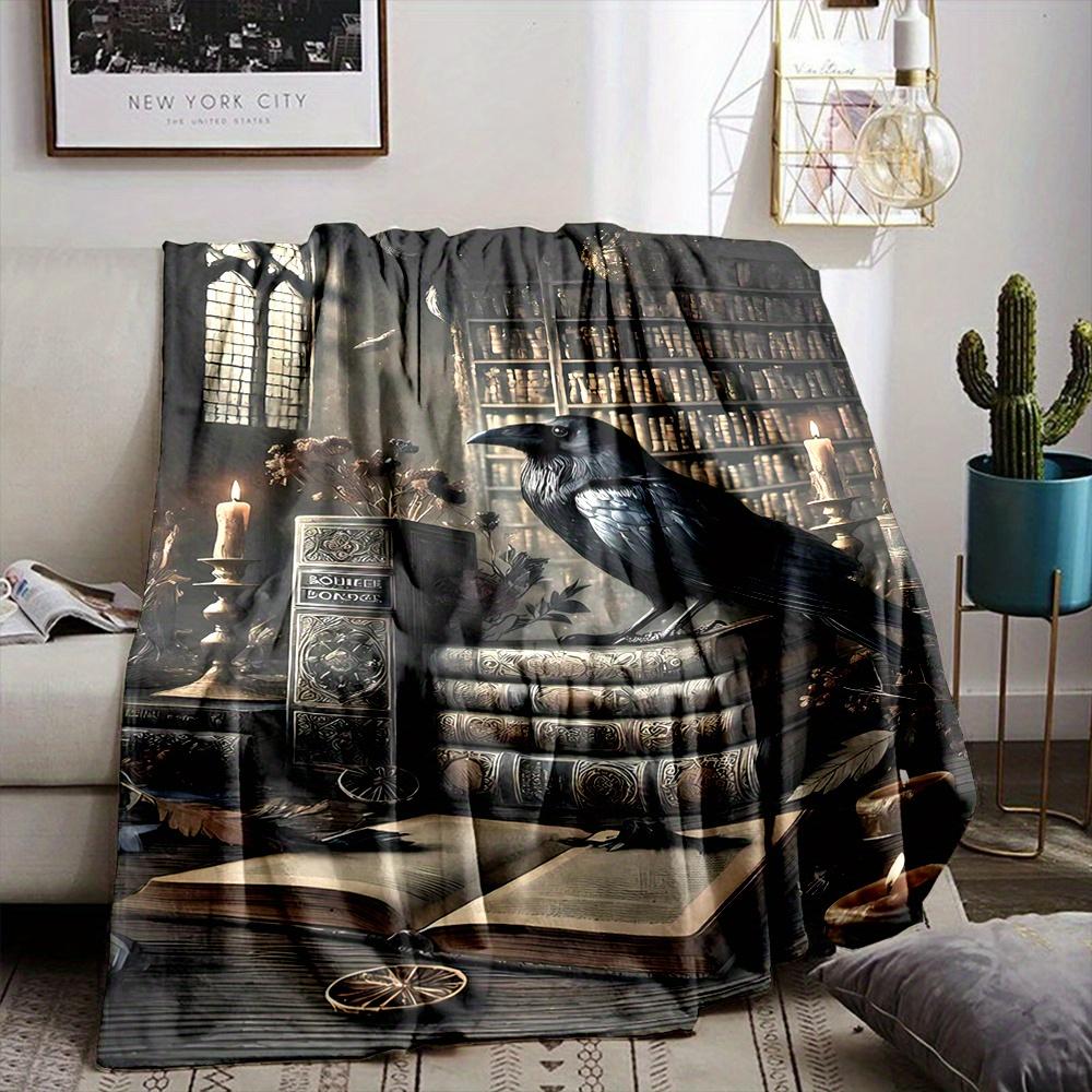[Cozy Medieval Print Throw] Soft Flannel Medieval Black Crow & Magic Books Print Throw Blanket - All-Season Comfort for Couch