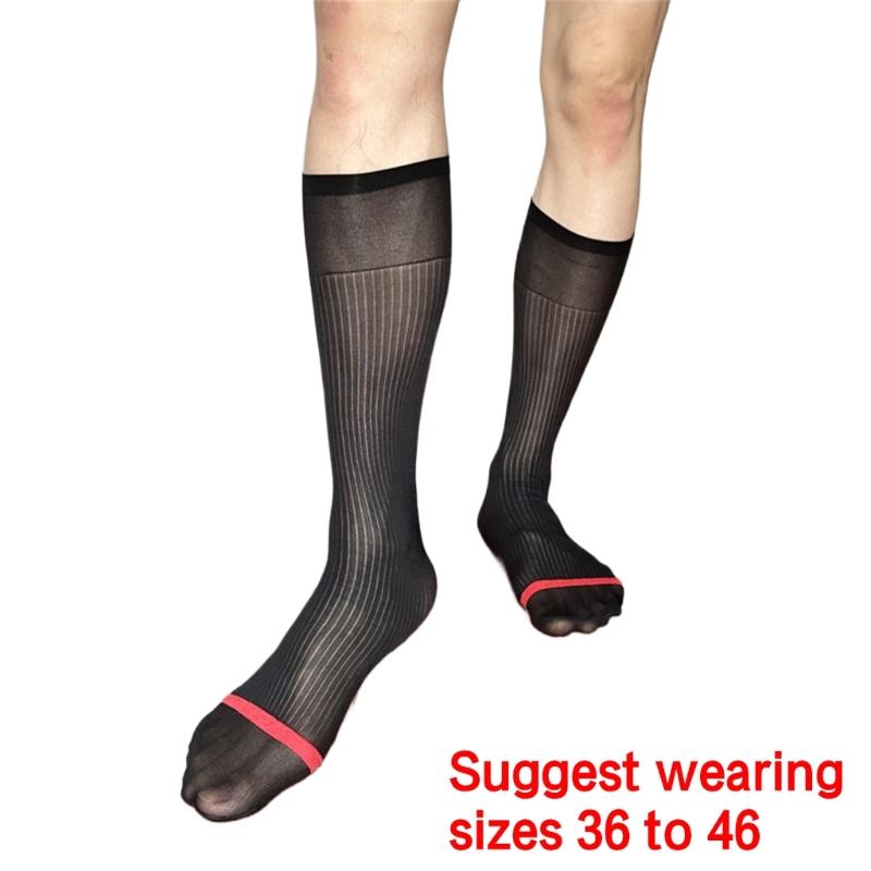 Mens Nylon Sheer Suit Socks Business Dress Socks Contrast Color Striped See Through Formal Dress Over the Calf Stockings