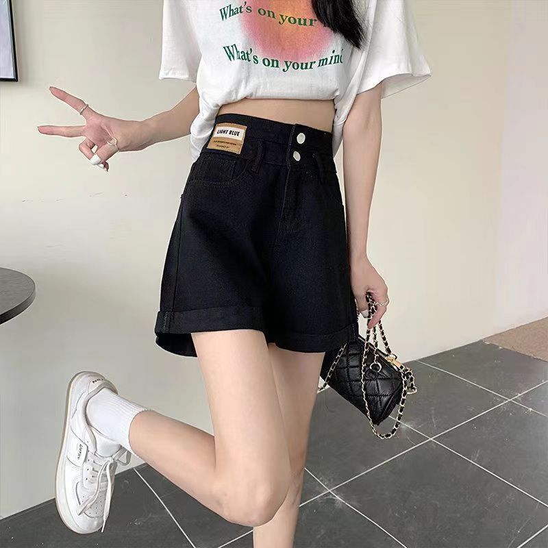 Women's High Waist A-Line Denim Shorts Loose Fit Casual Cuffed Hem Hot Pants