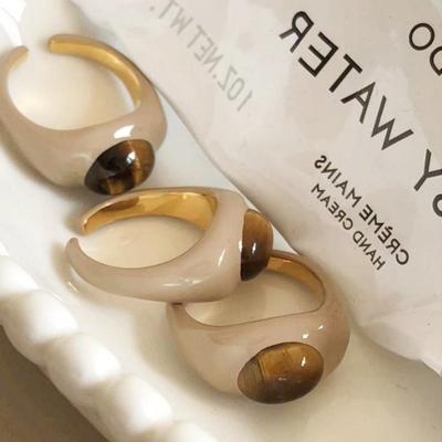 Cor Chá com Leite Óleo Gotejante Pedra Olho de Tigre Anel Aberto Feminino Design de Nicho Senso de Personalidade Simples Moda Versátil Anel Anel
