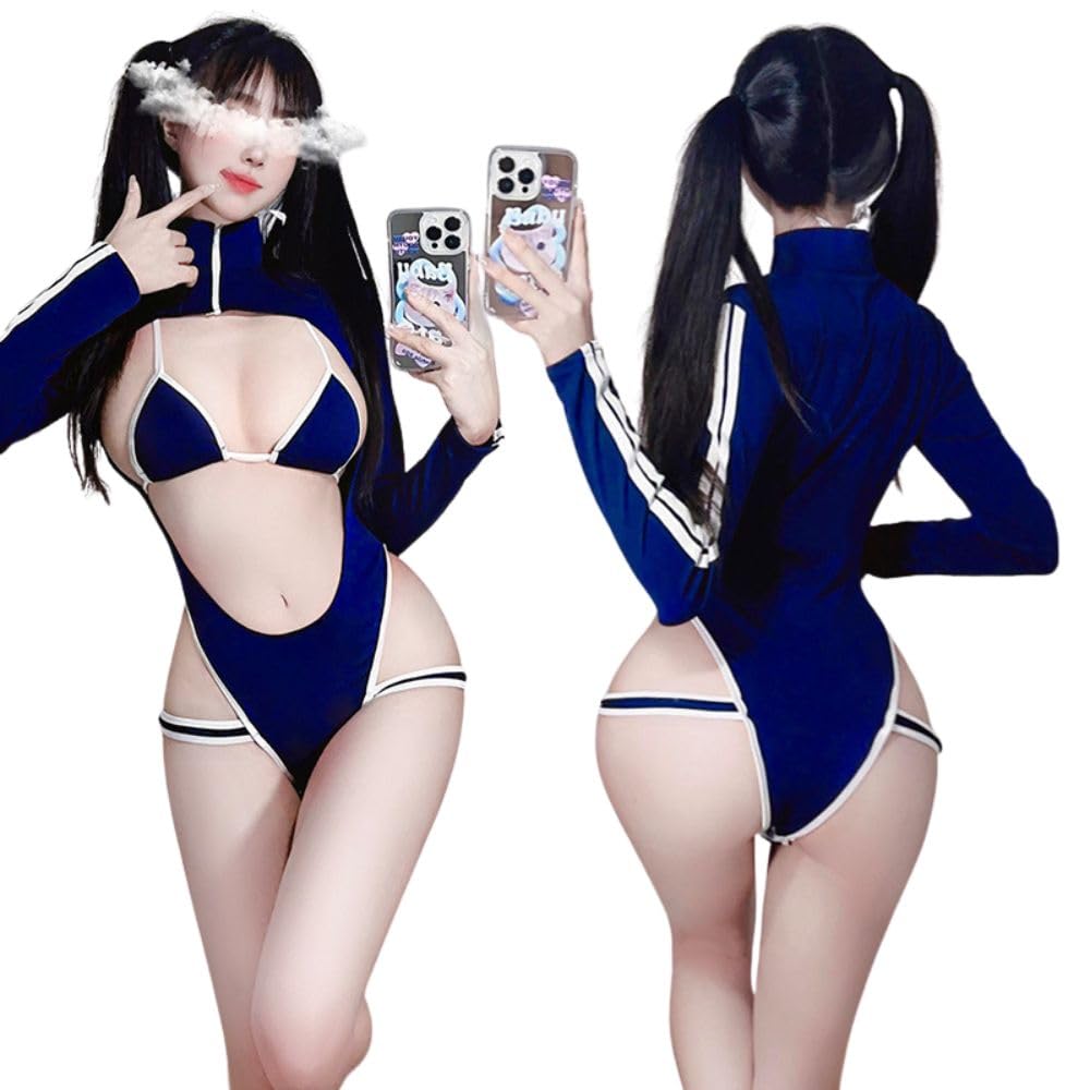 School Swimsuit Cosplay Sexy Bikini Lingerie Sports Open Chest Swimsuit Long Sleeve High Leg Leotard 2 Piece Set Open Crotch Gym Clothes Gym Clothes