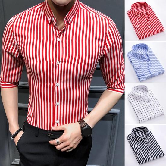 

Мужская рубашка с лацканами Slim Fit Однобортный рукав три четверти Slim Fit Цвет соответствующего цвета в полоску Мягкий средней длины Формальный деловой стиль Мужской офисный топ L светло-синий