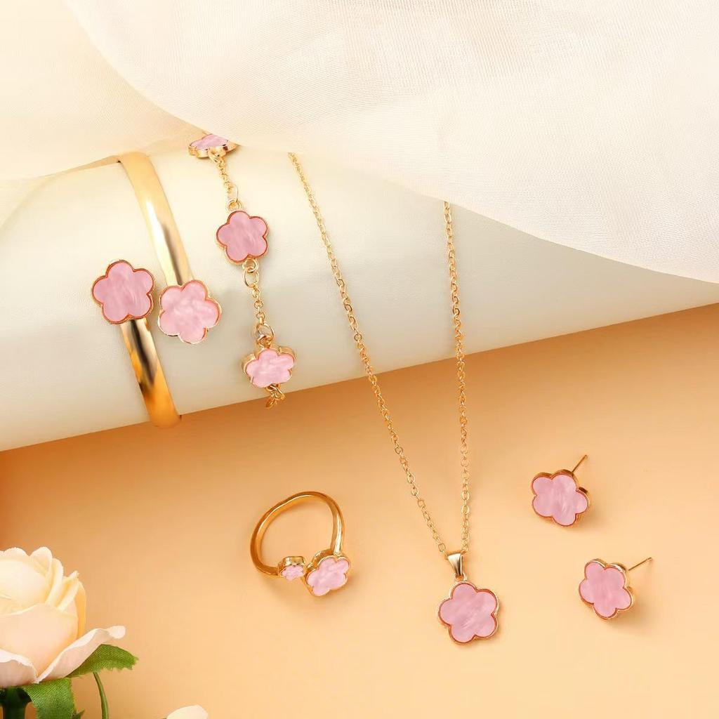 European Elegance: Five-Petal Flower Jewelry Set (Necklace, Bracelet, Bangle, Earrings, Ring)