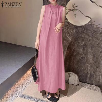 Vestido Longo Solto Casual de Verão com Gola Alta Sem Mangas