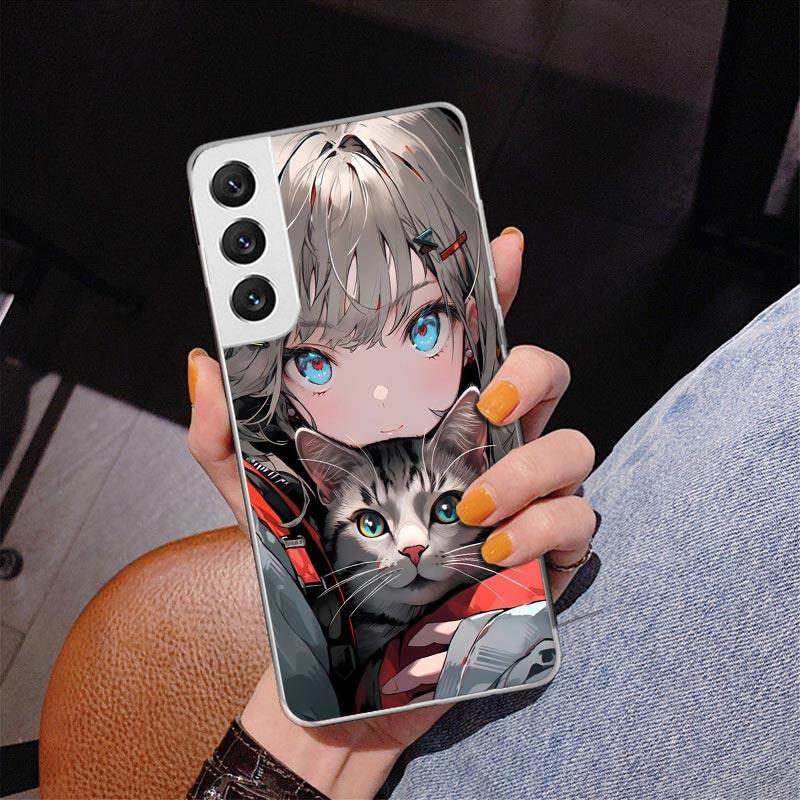 Anime Girls Cute Black Cat Phone Case For Samsung Galaxy S24 S25 Edge S26 Ultra S23 S22 S21 Plus S20 FE + Personalized Print Cov
