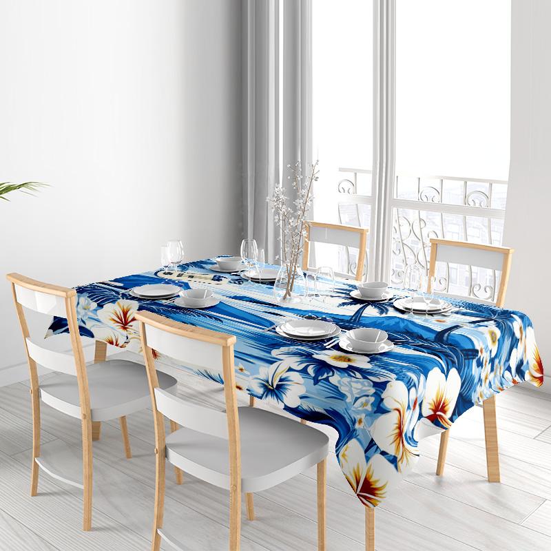Summer Resort Tablecloth Blue Palm Tree Print, Plastic Free Dining Cover for Home Decor, Kitchen Table Linen