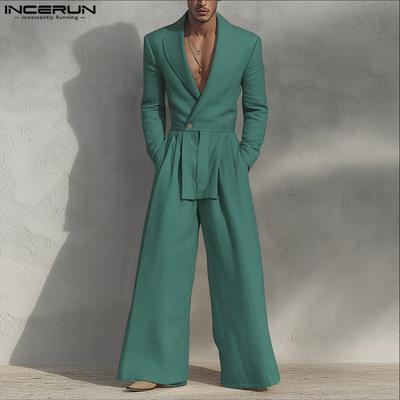 Übergröße Herren Revers V-Ausschnitt Langarm Einfarbig Locker Lang Overalls Jumpsuits