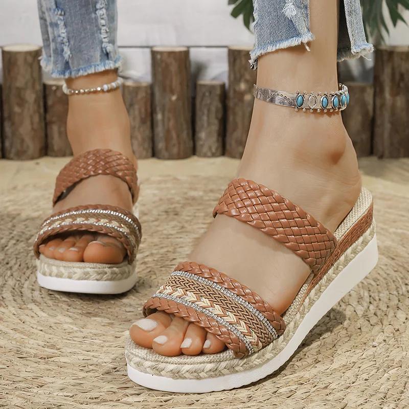 Fashion Fashion Weaving Wedge Heel Sandals for Women 2025 Summer Thick Sole Beach Slippers Woman Comfy Slip On Platform Sandalias Mujer