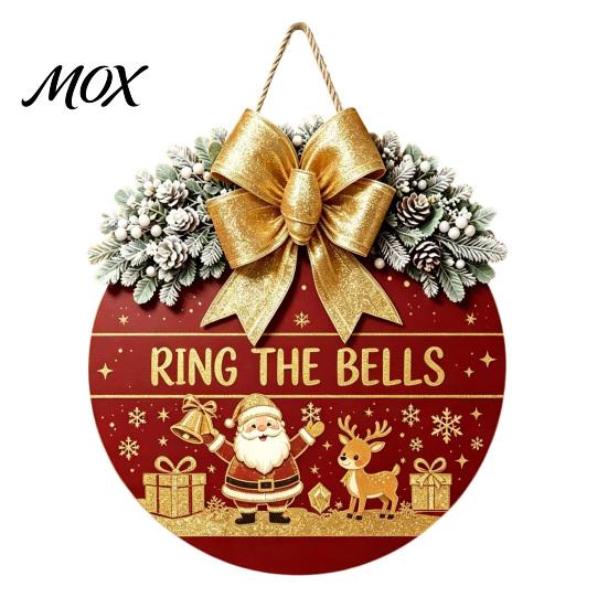 Festive Home Decoration Christmas Wooden Welcome Sign for Front Door, Round Hanging Ornament with Rustic Winter Wreath Artificial Pine Branches & Bow