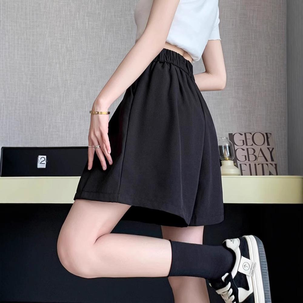 Autumn 2024 High-Waisted Petite Pleated A-Line Culottes - Black Wide-Leg Women's Shorts