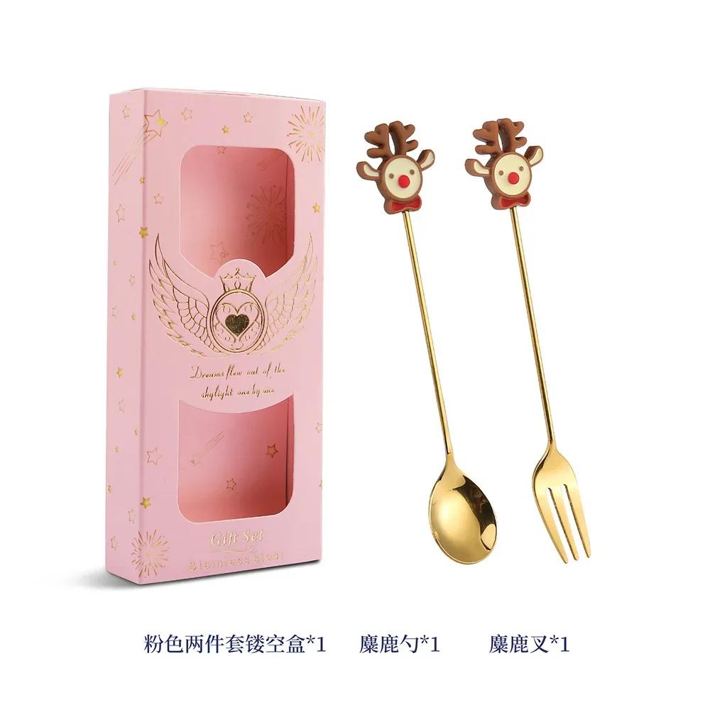 2025 Christmas Spoon and Fork Set Stainless Steel Creative Tableware Coffee Tea Dessert Spoon Spoons with Gift Box 6Pcs New