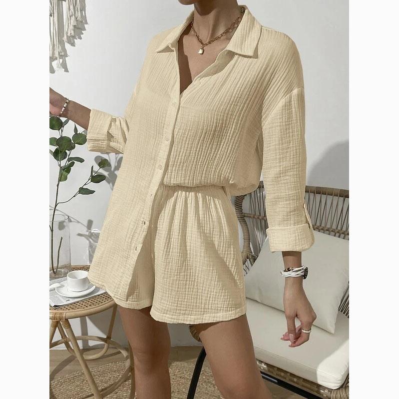 

Летние женские модные и повседневные однотонные рубашки с длинными рукавами и свободные шорты, комплект из двух предметов S