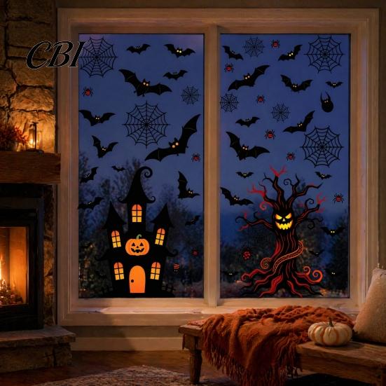 Outdoor Glass Ornament 4Pcs Halloween Static Window Stickers, PVC Waterproof Decals for Doors, Haunted House Easy Application Bat Spider Web